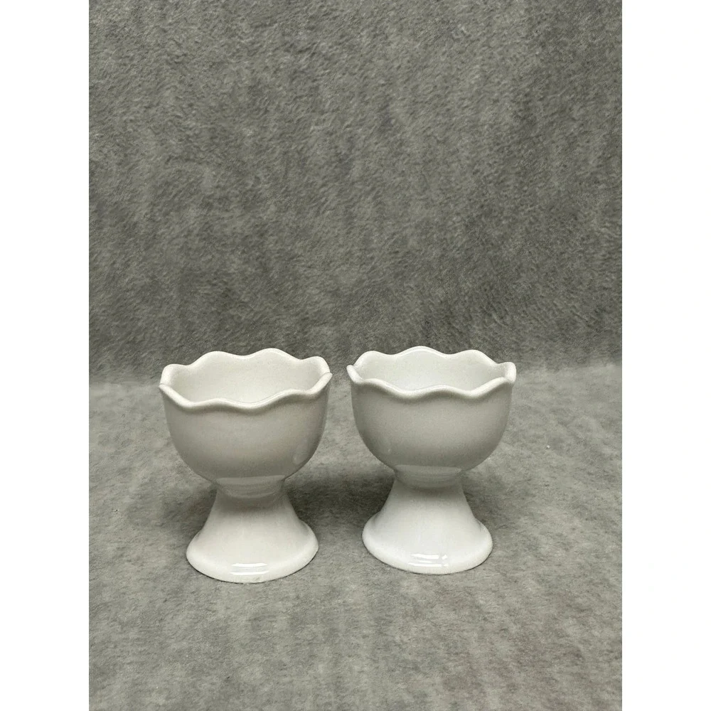 Pier 1 Egg Cup Set of 2 White Scalloped‎ Ceramic Pedestal Pair
